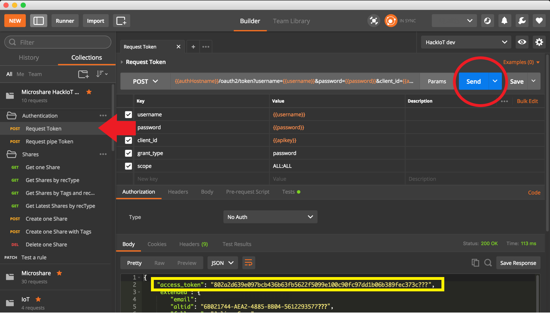 Successful password token call